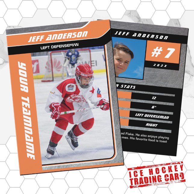 Cartão de Comércio de Hóquei no Gelo Laranja (Hockey Trading Card with custom team name and hockey player name in Orange and Metal)