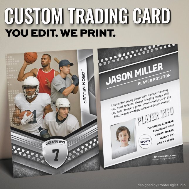 Cartão de Comércio Personalizado, Modelo de Esport (Custom Sports Trading Card Template | Modern Black Silver Design for All Sports)