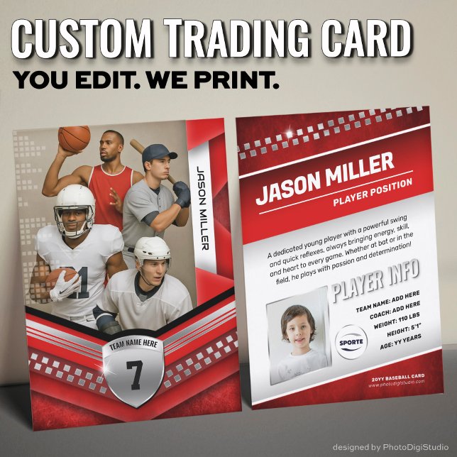 Cartão de Comércio Personalizado, Modelo Red Silve (Custom Trading Card Template, All Sport Trading Card, Modern Red Silver Design for All Sports)