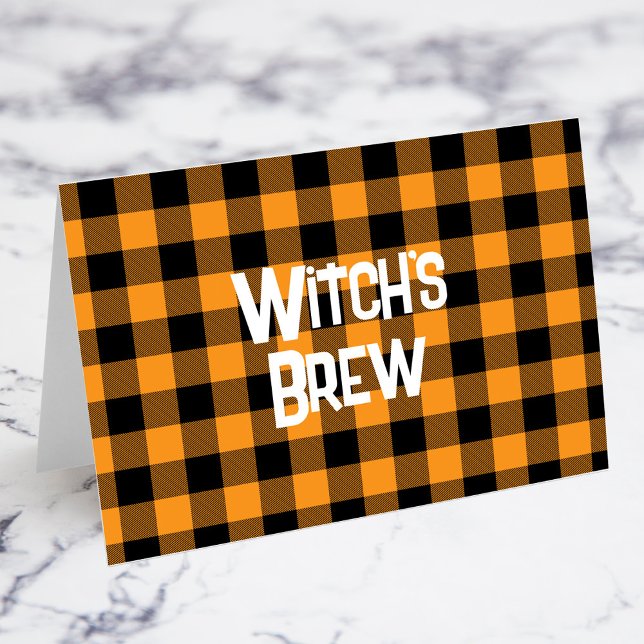 Cartão de comida de Halloween em Xadrez Laranja e  (Orange and Black Buffalo Check Halloween Punch Desert or Food Table Card - You Fold Your Own Cards)
