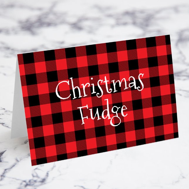 Cartão de Comida de Natal com Xadrez Búfalo Vermel (Christmas Party or Potluck Food Signs with a Classic Red and Black Buffalo Check Pattern)