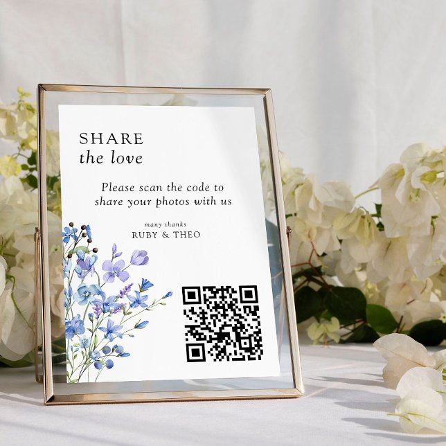 Cartão de Compartilhamento de Fotos do Código QR d (Photo Sharing sign from my Lilac + Periwinkle Wildflower Wedding Collection)