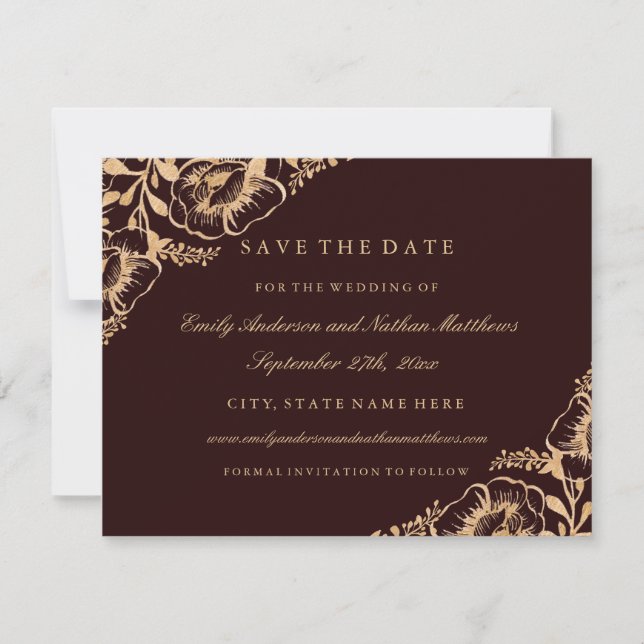 Cartão de Compromisso de Casamento Floral Dourado  (Frente)