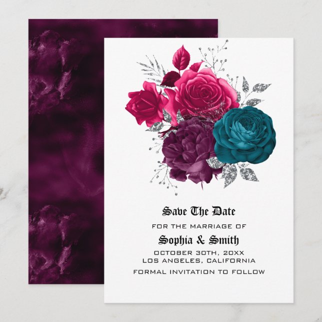 Cartão de Compromisso de Casamento Floral Gótico (Frente/Verso)