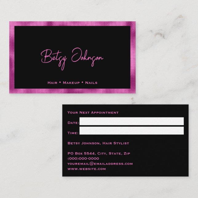 Cartão de Compromisso de Folha Preta e Rosa Quente (Frente/Verso)