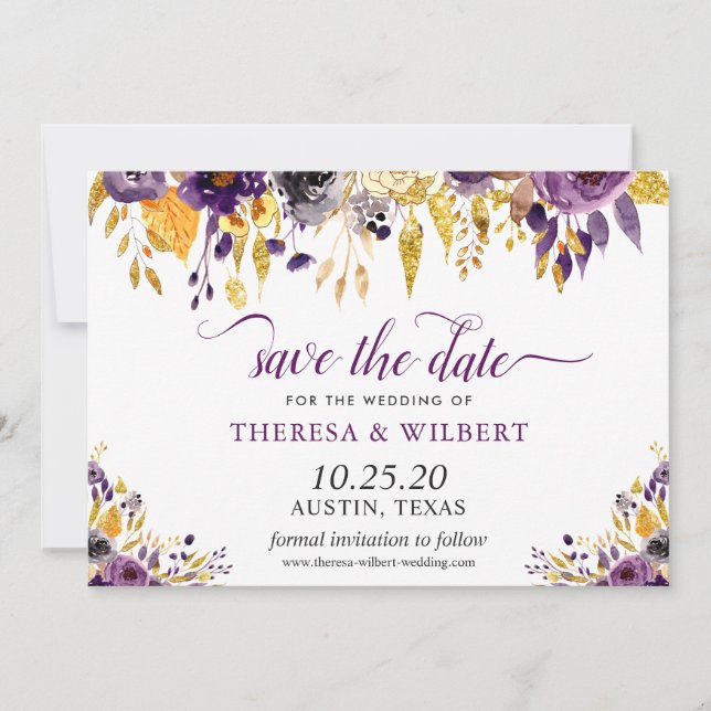 Cartão de Compromisso Floral Dourado Roxo (Frente)