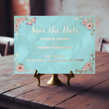 Cartão de Compromisso Vintage Blue Peony Foil