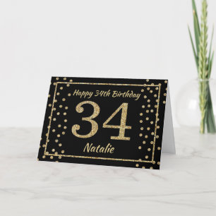 Cartão de Confete Brilho Preto e Dourado para 34º