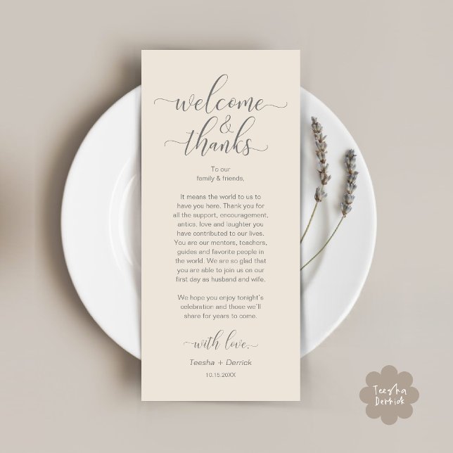 Cartão de Configuração de Local de Casamento de Ob (Modern Wedding Dinner Brunch Lunch Table Place Setting Thank You Card in Classy Cream Grey)