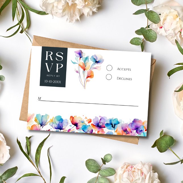 Cartão de Confirmação de Presença de Casamento Flo (Bright Bold Watercolor Floral Elegant Modern Wedding RSVP card)