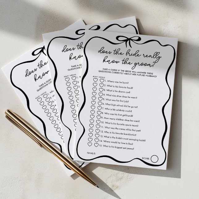 Cartão De Conselho A Noiva conhece o Noivo Chá de Noiva (Does the bride really know the groom? Black bow bridal shower games)