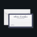 Cartão De Conselho Aconselhamento e Desejos Azuis do Marinho de Scrip<br><div class="desc">Marinho de Script Moderno Blue Wedding Advice and Wish Card com título na fonte azul-marinho do script moderno com detalhes na fonte sans serif azul-marinho sobre fundo branco com limite azul-marinho.</div>