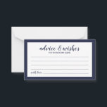 Cartão De Conselho Aconselhamento e Desejos Azuis do Marinho de Scrip<br><div class="desc">Marinho de Script Moderno Blue Wedding Advice and Wish Card com título na fonte azul-marinho do script moderno com detalhes na fonte sans serif azul-marinho sobre fundo branco com limite azul-marinho.</div>
