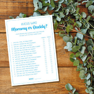 Cartão De Conselho Adivinha quem Mamãe ou Pai Jogo Chá de fraldas Azu