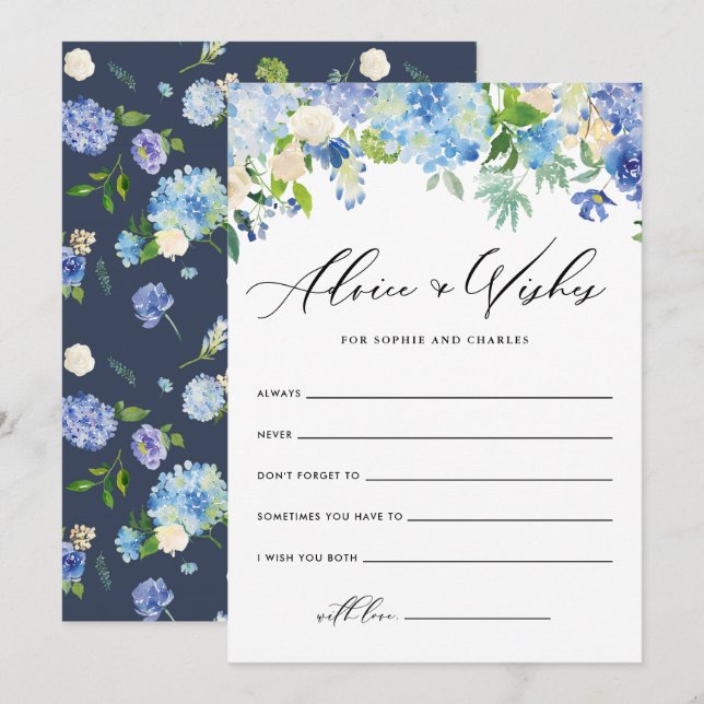 Cartão De Conselho Aquarela Azul Hydrangea Casamento Bem Desejos (Frente/Verso)