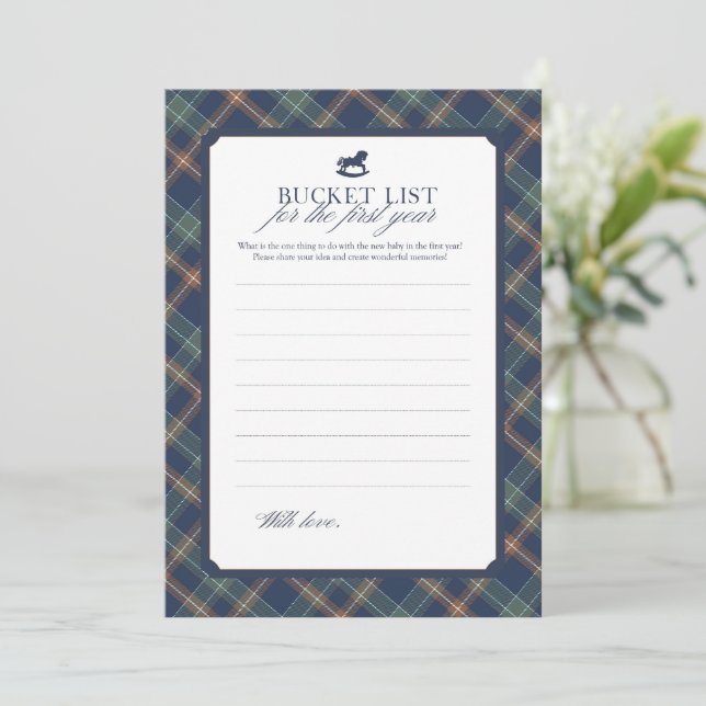 Cartão De Conselho Baby Bucket List First Year Navy Plaid Baby Shower (Em pé/Frente)