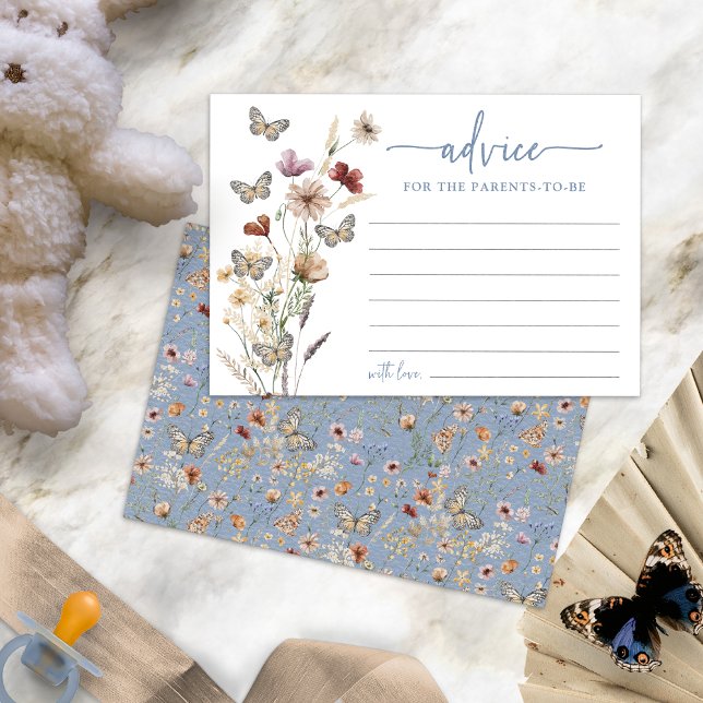 Cartão de Conselho Blue Boho Flor Silvestre (Dusty Blue Boho Wildflower Advice Card with Butterflies by Painted Paperie)