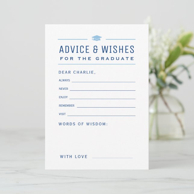 Cartão De Conselho Blue Modern Typography Graduate advice & wishes  (Em pé/Frente)