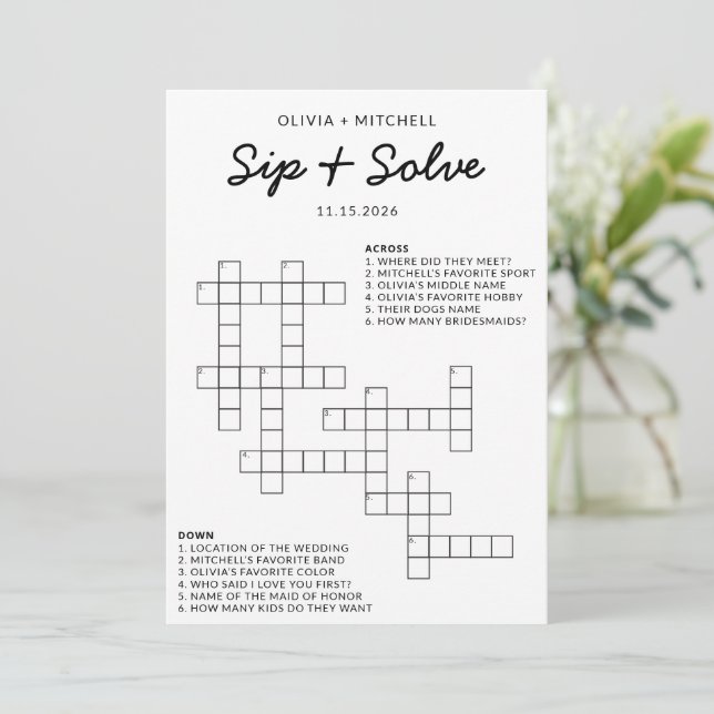 Cartão De Conselho Bridal Shower Sip and Solve Fun Crossword Game (Em pé/Frente)