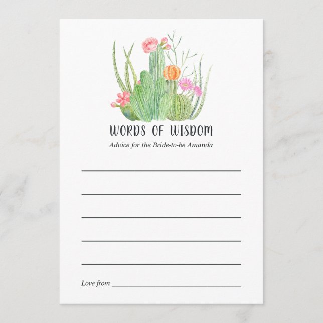 Cartão De Conselho Cactus Chá de panela Palavras de Sabedoria (Frente)