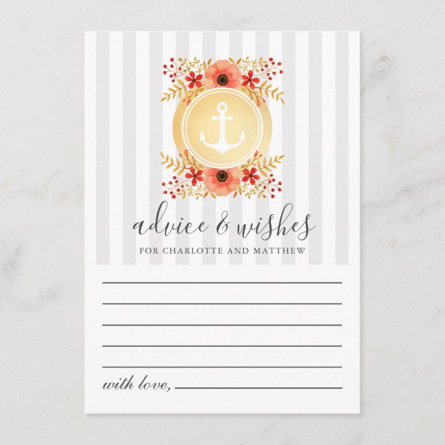 Cartão De Conselho Casamento de Âncora Dourada Floral Náutica (Frente)