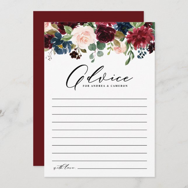 Cartão De Conselho Casamento de Watercolor Burgundy e Flores de Marin (Frente/Verso)
