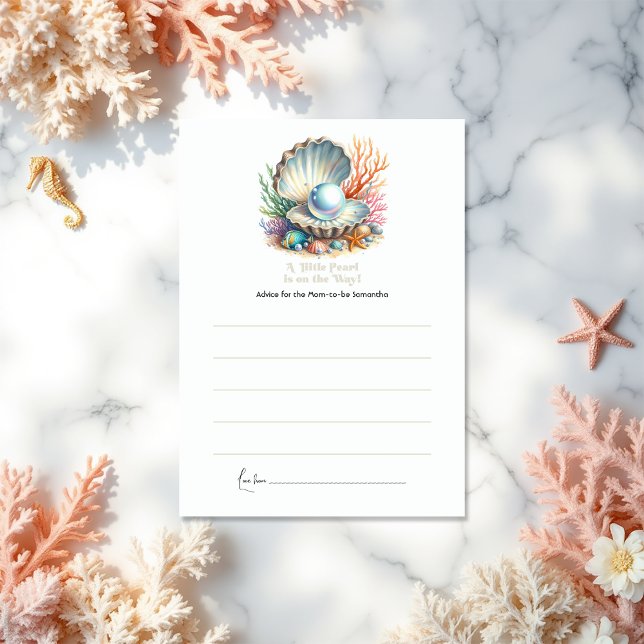 Cartão De Conselho Chá de fraldas de Pérolas Pequenas e Tema Oceânico (Ocean & Seashell Theme Little Pearl Baby Shower Advice Card)