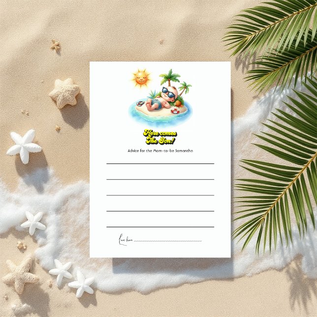 Cartão De Conselho Chá de fraldas Tropical Sunshine "Aqui Vem o Filho (Tropical Sunshine "Here Comes the Son" Baby Shower Advice Card)