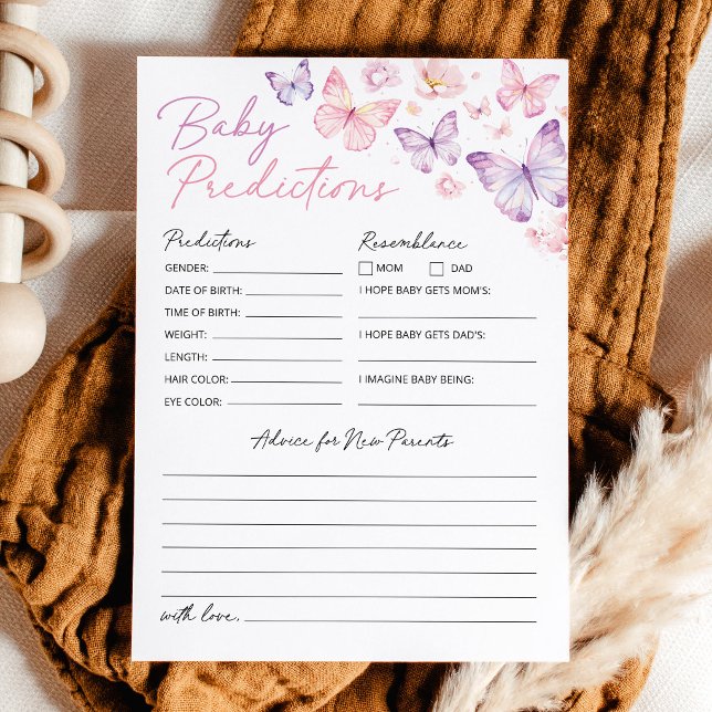 Cartão De Conselho Chuva de Bebê Borboleta Previsões e (Butterfly Baby Predictions Card, Pink Purple Baby Shower Activity, Advice Card, Keepsake Game)