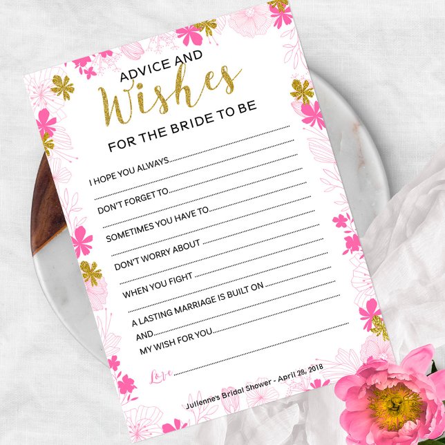 Cartão De Conselho Conselhos e Desejos para a Noiva | Floral rosa (Criador carregado)