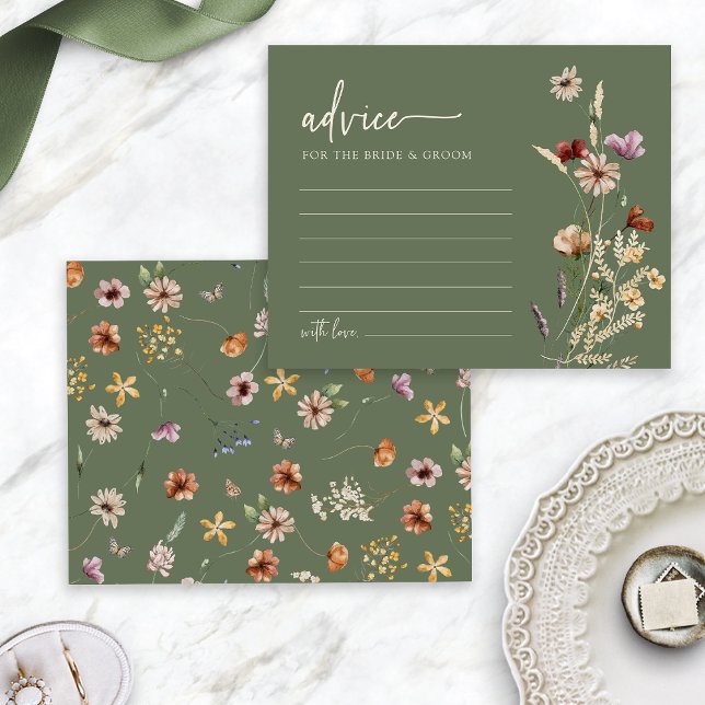 Cartão de Conselho de Casamento de Flores Silvestr (Boho Sage Green Wildflower Wedding Advice Card by Painted Paperie
)