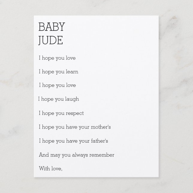 Cartão De Conselho Desejos para um Bebê (Frente)