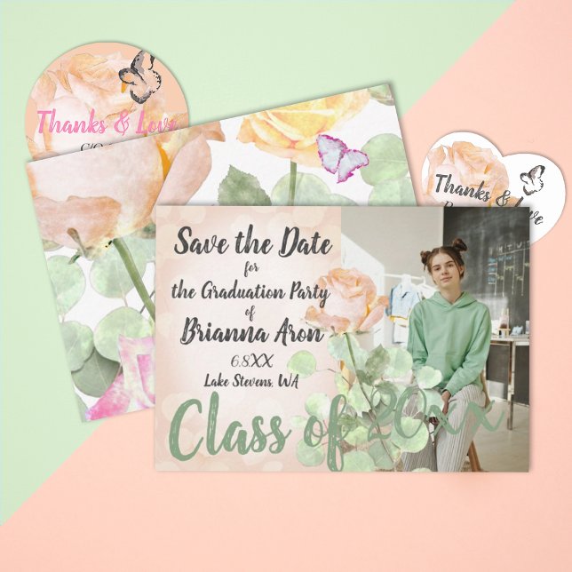 Cartão De Conselho Dusty Peach, data de salvamento da gradação de vin (dusty peach light green eucalyptus botanical graduation save the date boho bohemian peach pink rose)