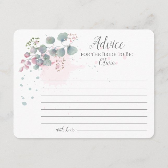 Cartão De Conselho Eucalipto verde-rosa dá conselhos para a noiva (Frente)