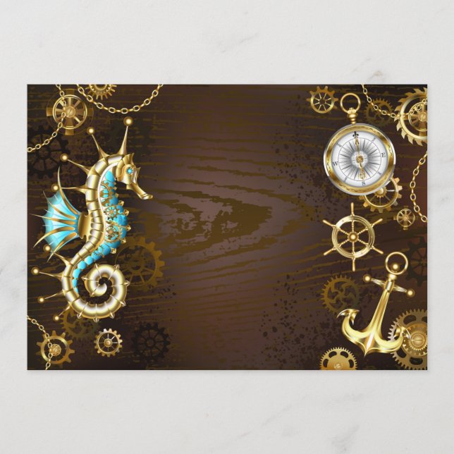 Cartão De Conselho Fundo de madeira com cavalo de mar mecânico (Frente)