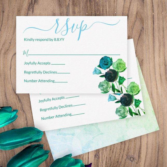 Cartão De Conselho Gabinete RSVP de Rosas Azul, Verde, Turquesa (green blue spring flowers wedding theme rsvp response reply cards botanical turquoise teal roses )