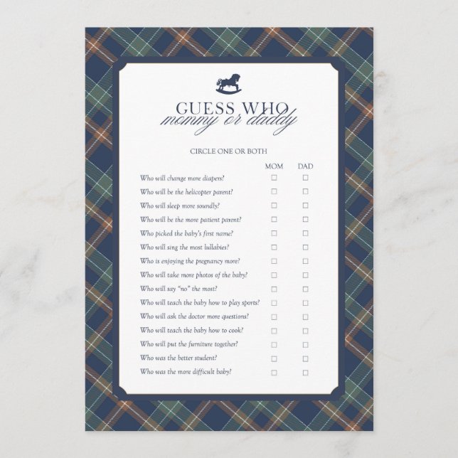Cartão De Conselho Guess Who Mommy or Daddy Baby Shower Game  (Frente)