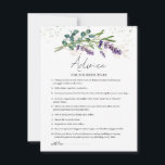 Cartão De Conselho Lavanda Eucalyptus Advice for Bride-be<br><div class="desc">O aviso para a placa "Bride-to-be" apresenta uma ilustração em aquarela das flores de lavanda roxa e da folhagem de eucalipto em estilo aquarela. Na parte superior da placa - o efeito esverdeado confetti.</div>