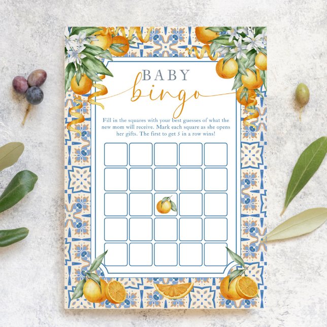 Cartão De Conselho Mediterranean Citrus Baby Shower | Baby Bingo Game (Criador carregado)