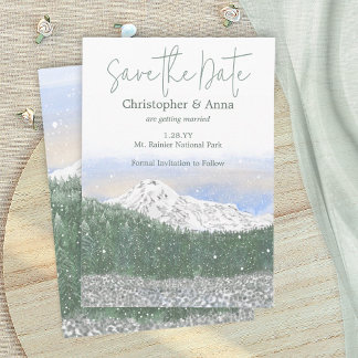 Cartão De Conselho Mount Rainier, Falling Snow Wedding Save the Date