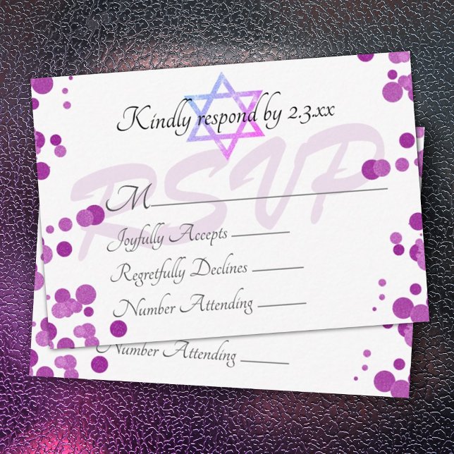 Cartão De Conselho Placa RSVP de Pontos de Bolhas Violetas Roxo (purple shimmery lights bat mitzvah rsvp card, purple bubbles polka dots cute reply enclosure cards )