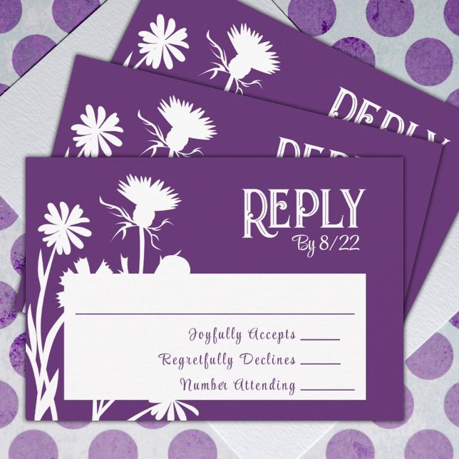 Cartão De Conselho Plum Purple Wildflower Botanical RSVP Card (purple lavender plum bat mitzvah rsvp enclosure card with white wild flowers)