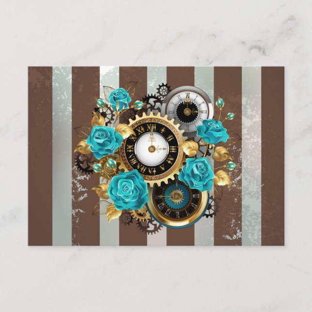 Cartão De Conselho Relógio e Rosas de Turquesa em Striping (Frente)