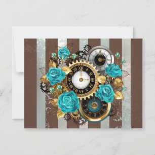 Cartão De Conselho Relógio e Rosas de Turquesa em Striping