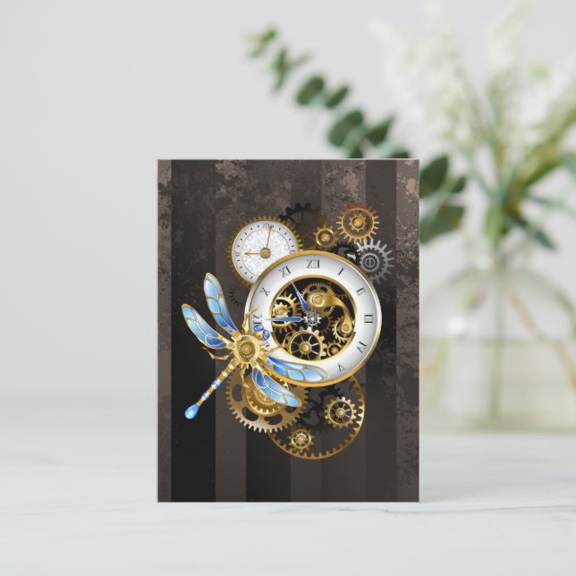 Cartão De Conselho Relógio Steampunk com Dragonfly Mecânica (Em pé/Frente)