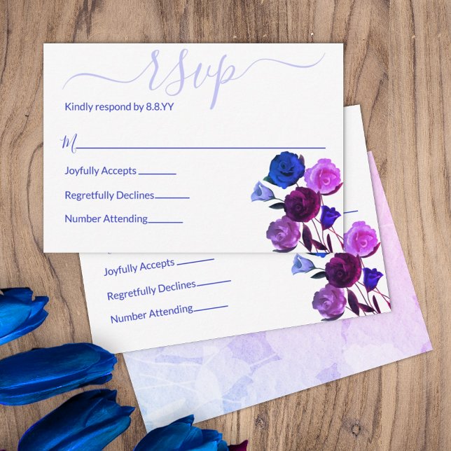 Cartão De Conselho RSVP Floral de Casamento Violeta Rosa, Azul Real,  (berry purple dark blue wine wedding color palette rsvp enclosure cards reply response botanical rose)