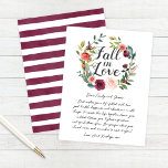 Cartão De Conselho Rustic Burgundy Fall in Love Floral Wreath<br><div class="desc">O cartão de aviso de casamento "Fall in Love" do na moda apresenta uma coroa rústica de flores de aquarela de outono, incluindo rosas, dahlias, flores de pénia e verde, numa linda paleta de outono de vermelho-burgundy, amarelo-ouro, rosa-pincelado e tons de verde. Um padrão de listras de cor-d'água burgundy que...</div>