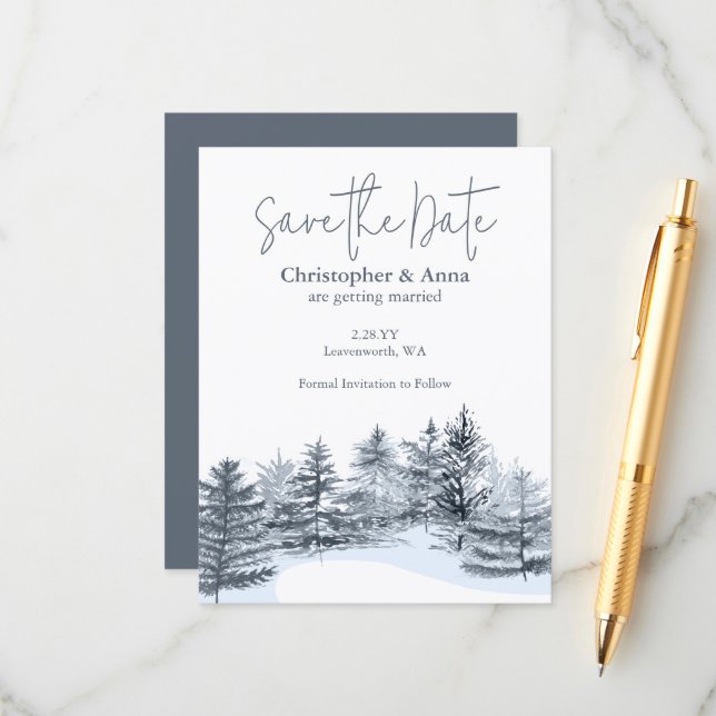 Cartão De Conselho Rustic Slate Gray Pine Trees Wedding Save the Date (Frente/Verso In Situ)