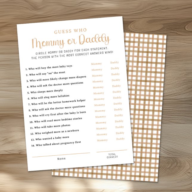 Cartão De Conselho Taupe Mommy or Daddy Baby Shower Game Card (Mommy or Daddy Game Sheet)