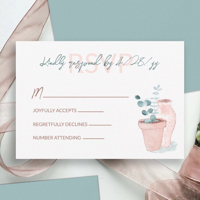 Cartão De Conselho Terracotta, Eucalyptus Green Wedding RSVP Card (light terracotta clay pot light green eucalyptus leaves wedding rsvp response reply enclosure card)